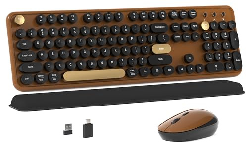 MPTOG Colorful Wireless Computer Keyboard and Mouse Combo with Round Typewriter Keycaps, Retro Design, Power Switch, Ergonomic Design, 2.4GHz Wireless for Windows, Mac, PC(Black-Brown)