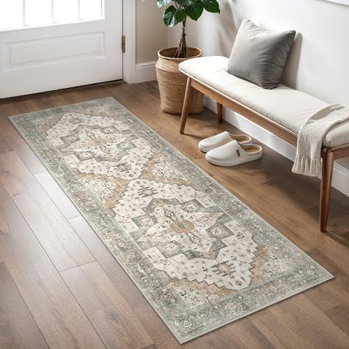 BEIMO Tapis de Couloir, 80 x 150 cm, Style Vintage Bohème, Lavable, Antidérapant, pour Cuisine, Chambre à Coucher, Gris Taupe