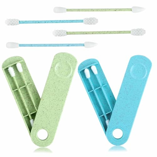 Wiederverwendbare Wattestäbchen, doppelseitig, Spirale, mit 2 Reisehaltern, Grün und Blau, für Ohrenreinigung, Make-up, etc., 4 Stück