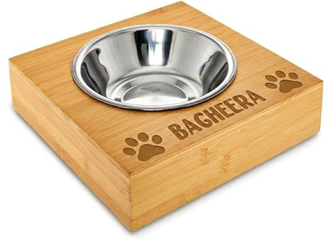 Personalised Dog Bowl with Bamboo Wooden Stand, Custom Engraved Dog Food & Water Bowl for Small Dogs, Puppies & Cats, Raised Pet Feeding Bowl, Small Dog Bowl, 27cm X 27cm (Design 01, Single Bowl)