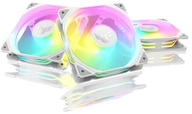 ASUS TUF Gaming TR120 120mm ARGB White Reverse Fan Blade Triple Pack 28mm Fan Frame, 2.75mm H2O Static Pressure, 76.3 CFM Airflow, Double-Layer LED Array, Flexible Side Pattern, Aura sync, PWM