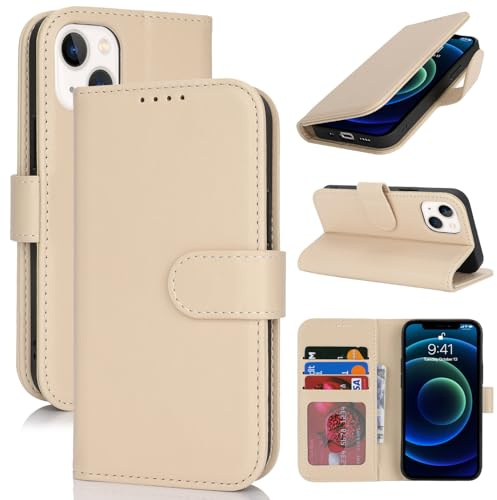 Zouzt Hülle für iPhone 13 Mini (5,4), Premium PU Leder, Beige | Handyhülle mit Kartenfächern, Magnet Klapp Schutzhülle, Stoßfeste TPU-Innenhülle, Frauen Männer, Leather Wallet Phone Case