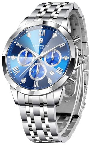 SAPPHERO Uhren Herren Chronographen Diamant Business Edelstahl Analog Quarz Armbanduhr Herren Wasserdicht Leuchtend Datum Luxus lässig Arbeit Herrenuhren Elegante Geschenke für Männer