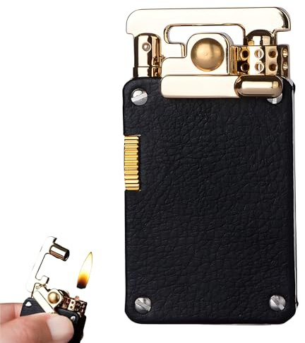 Encendedor De Queroseno Retro con Brazo Basculante, Resistente Al Viento, con Rueda De Molienda, Grabado En Cuero Clásico, Llama Suave, Recargable con Queroseno, Regalo para Hombres (Black Leather)