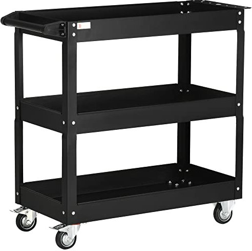DURHAND Carrello da Officina a 3 Livelli con Bordi Alti e 4 Rotelle Girevoli e 2 con Freni, Carrello Portautensili da Officina in Acciaio, 83x35.3x76 cm, Nero