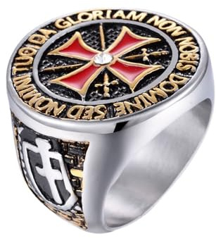 QKEOISUD Anillos de caballeros templarios para hombre, anillo de cruz de acero inoxidable, amuleto religioso, anillo de motociclista con cruz cruzada, chapado en oro/negro, talla 8, Acero inoxidable