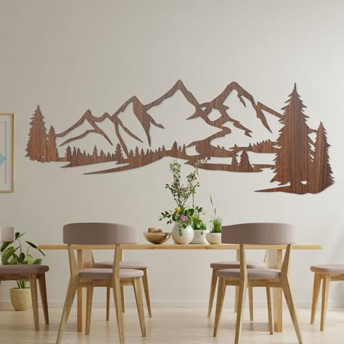 SENTOP HDF0414 Wanddekoration aus Holz – Wandbild Berge & Wald – Natur Holzdeko für Wohnzimmer, Schlafzimmer & Büro – Handgemachte Wandkunst aus Eiche (Walnuss, 178 x 69 cm)