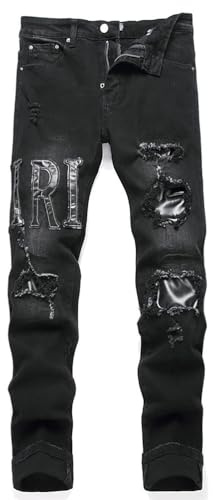Jeans da Uomo Elasticizzati Strappati Tinta Unita Pantaloni Strappati Pantaloni Stretti per Il Tempo Libero,Nero,29
