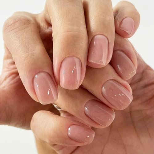 GLAMERMAID 24Pcs Press-on-Nägel Extra Kurz Squoval Frühling Sommer Nude Gelee-Gel-Kleber-Nägel 24Pcs Glänzend Rund Wiederverwendbar UV-Finish Fake Nails Acryl Falschnägel Maniküre-Sets für Frauen