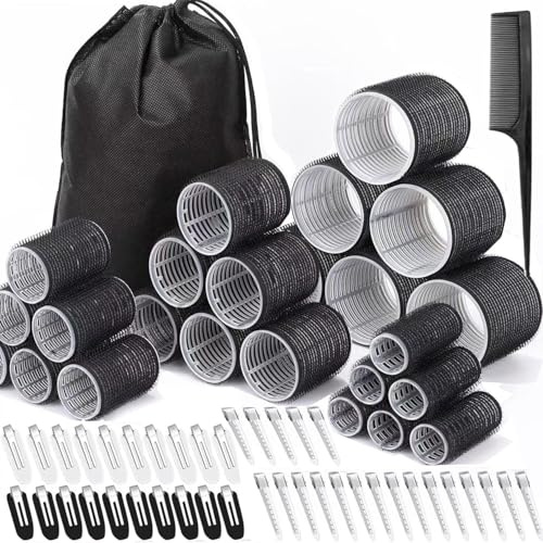 Lot de 66 bigoudis pour femme, 24 pièces en 4 tailles (60/48/36/25 mm) avec 40 clips en acier inoxydable, rouleaux auto-agrippants pour cheveux, longs, moyens, courts, sac de rangement, peigne
