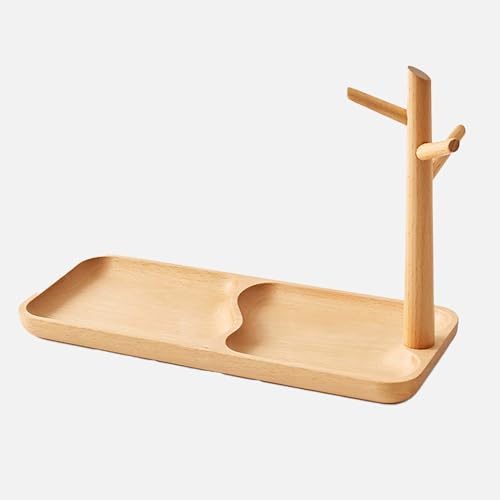 YESWOOD Solid Beech Catch-All Tray, Wooden Desk Organiser with Branch Holder for Jewellery & Accessories, Modern Entryway Tray (Beech Wood, Natural Tone)