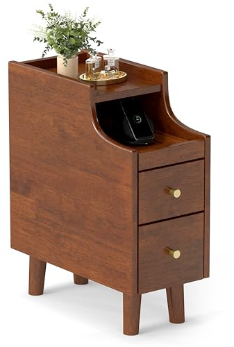 GIANTEX Comodino sottile, comodino con 2 cassetti e vassoio estraibile, comodino in legno, console notturna, sottile, tavolino da divano, vintage, marrone, 20 x 41 x 50 cm