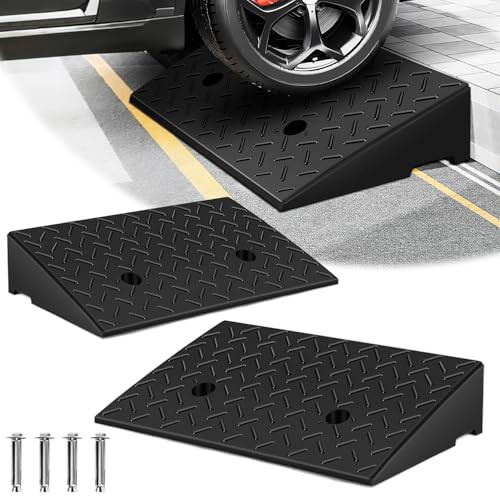 ISOISL 2 Stück Bordsteinrampe Gummi 10cm Hoch rutschfeste Rampen für Bordsteine, Rollstuhl, Auto Auffahrrampe Türschwellenrampe mit Entwässerung inkl. Montageset (49x30x11 cm)
