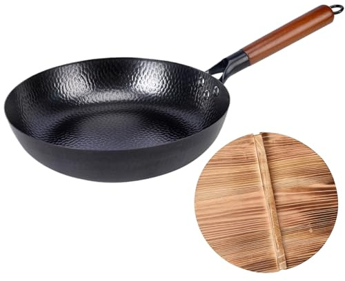 Générique Poêle en fer non revêtue de 28 cm, woks antiadhésifs forgés à la main et poêles à sauter avec poignée amovible, poêle en fer japonaise, woks chinois à fonds plat pour toutes les cuisinières