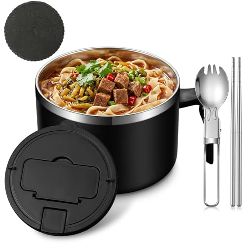 wiksite Ramen Bowls Stainless Steel Noodle Bowl with Lid and Spork, Speedy Soup Bowl with Handles Portable Salad Bowls Heat Resistant Instant Serving Noodle Cooker Pasta Bowl (Black)