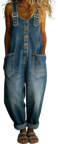 Salopette in jeans Y2K da donna con chiusura a bottoni, gambe larghe, tuta in jeans, stile vintage, vestibilità ampia, salopette larga effetto invecchiato (Blue,XXL)