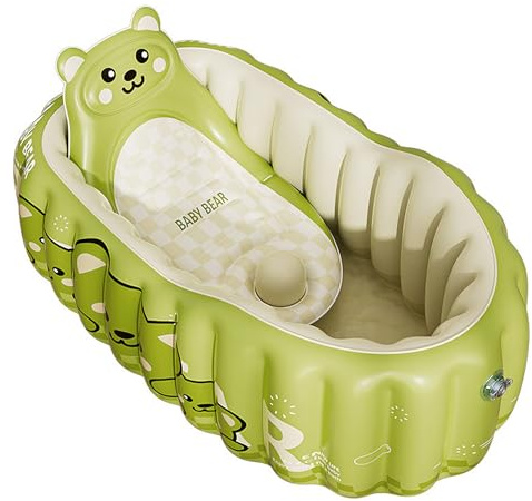 Aufblasbare Babybadewanne, tragbare Kleinkindwanne mit Handpumpe – sicherer Halt für Neugeborene. Grüne Badematte im Lieferumfang enthalten