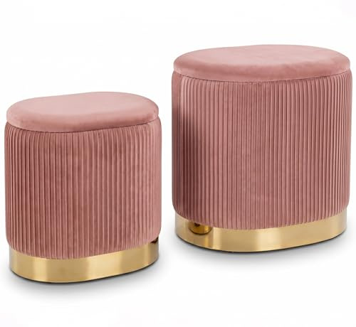 Set 2 Pouf Contenitore Ovale in Velluto Plissé, Sgabello Poggiapiedi Imbottiti con Coperchio Salvaspazio Impilabile con Base Oro, Puff Bauletto per Camera da Letto, Soggiorno e Ingresso (Rosa Antico)