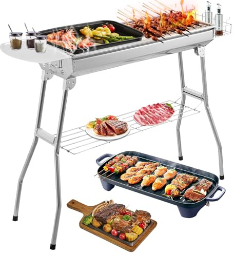 Barbacoa de carbón vegetal plegable de acero inoxidable, portátil, 100 × 28 × 74 cm, con estantes laterales y rejilla de almacenamiento, barbacoa de carbón para jardín, exterior, camping y fiesta