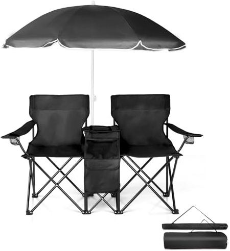 Outopee Double Camping Chair, Folding Loveseat Chairs with Detachable Umbrella, Cooler Bag, Cup Holders & Carry Bag, For Beach, Fishing, Picnic, Patio, Black