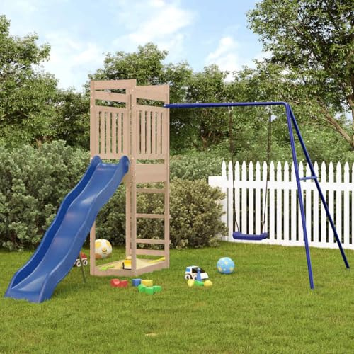 Ordellia Torre de juegos de madera maciza de pino con columpio, tobogán ondulado, caja de arena y escalera, juguete de jardín para parque infantil, ruta de escalada y movimiento en el jardín para