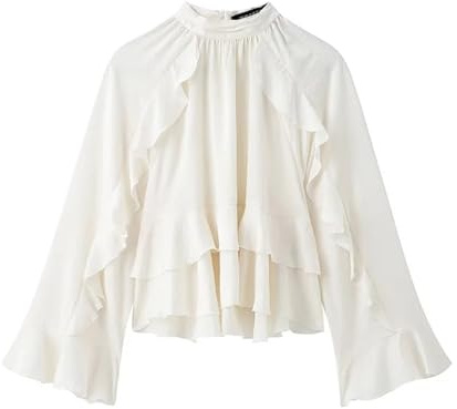 UJEDFHV Volangblus för dam, volangblusar för kvinnor, halvgenomskinliga, casual, långärmad, elegant och vårtröja för fest