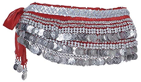 BellyLady Bauchtanz Hüfttuch, Multi-Row Silver Coin Dance Rock - rote