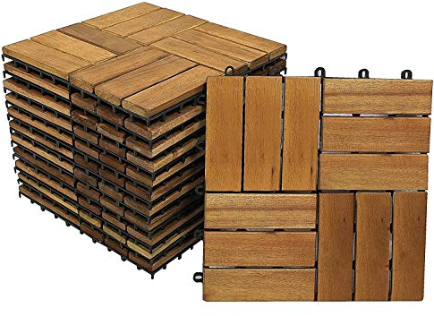 33er Spar-Set Holzfliese 02 für 3 m², Terrassenfliese aus Akazien-Holz, Fliese mit 12 Latten für Garten Terrasse Balkon, Balkon Bodenbelag mit Drainage-Unterkonstruktion