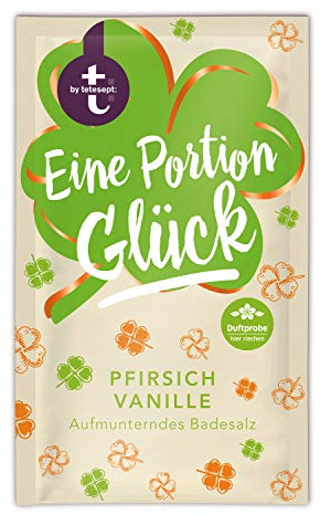 t: by tetesept Badesalz Eine Portion Glück – Hauchfeine Puderkristalle mit Pfirsich und Vanille - Bade-Geschenk für die Sinne – 1 x 60 g