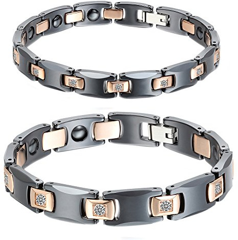 Cupimatch Pärchen Armbänder Armreif, Edelstahl Keramik Magnetarmband mit Cubic Zirkonia für verliebte Lieben Damen Herren, schwarz rosegold