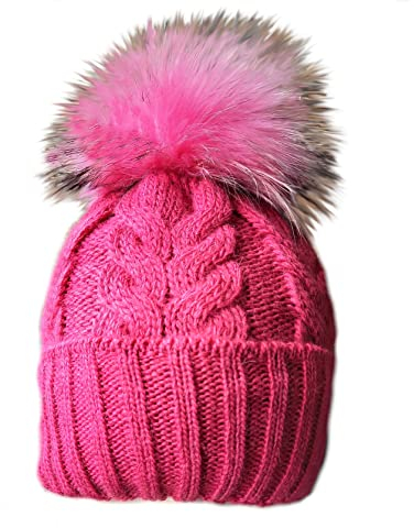 MERRYLAND Mütze Echtfellbommel Pudelmütze ECHTFELL Bommelmütze Hat Real Fur Handmade Fellbommel Echt Fell Strickmütze Bommel Pelzbommel Waschbär Raccoon Pelz