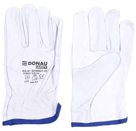 DONAU SAFETY Guantes de trabajo premium de piel de cabra / 1 par/talla 10/XL/blanco/guantes de cuero con muñeca elástica, guantes de montaje, guantes, guantes de seguridad para conductor