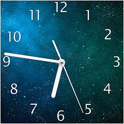 Wallario Design-Wanduhr Sternenhimmel - Milchstraße und Sterne bei Nacht aus Glas, Motiv-Uhr Größe 20 x 20 cm, weiße Zeiger
