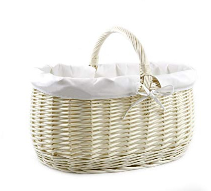 MyBer® Einkaufskorb Weidenkorb Tragekorb Weide geflochten weiß groß | Stoffeinlage weiß, 50/32/22cm, 31cm mit Henkel, K1-605-W-SW