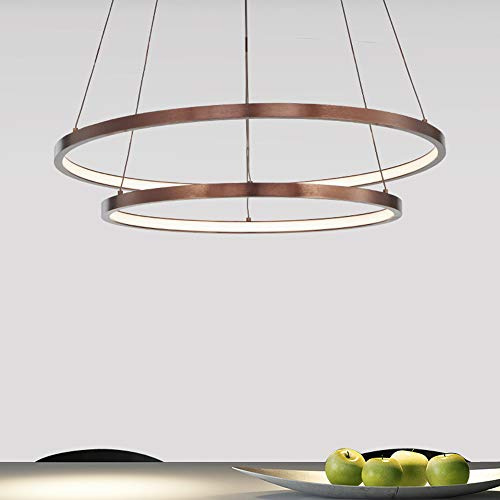 LED Dimmbar Kronleuchter Rund 2-Ring Brown Aluminium Acryl Pendel-Leuchte Hängeleuchte Esstisch Galerie Wendeltreppe Deckenlampe Esszimmerlampe Bürodeckenleuchte,60+80cm