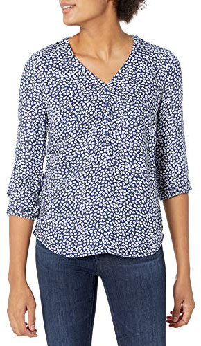 Amazon Essentials Camisa con Botones y Manga 3/4, Blusa de Corte Holgado con Cuello en V Mujer
