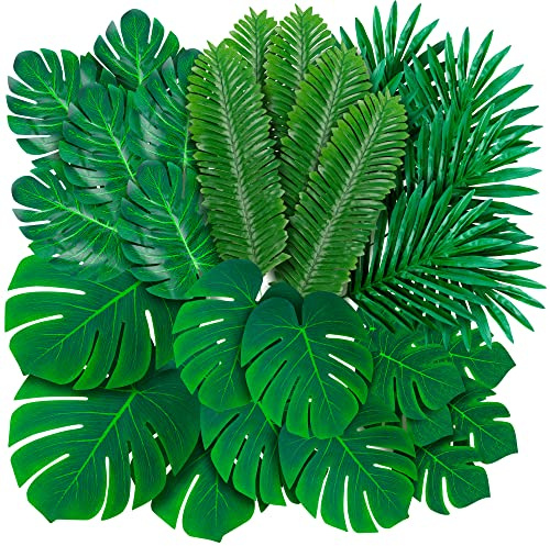 108 Pack Palm Leaves Artificial Tropical Monstera - 6 Kinds Large Small Green Fake Palm Leaf with Stems for Safari Jungle Hawaiian Luau Party Table Decoration Wedding Birthday Theme Party Decorations