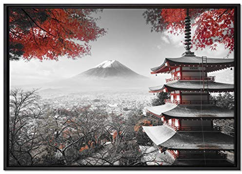 Pixxprint Japanischer Tempel im Herbst Leinwandbild 100x70 cm im Bilderahmen, Wandbild, Schattenfugenrahmen, Kein Poster