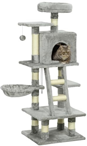 PawHut 132cm Cat Tree for Large Cats with Scratching Posts Hammock Bed Grey