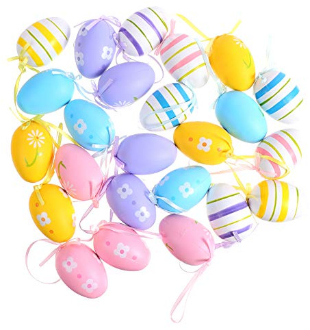 STOBOK Ostereier zum Aufhängen Bunte Kunststoff Ostereier Hängend Osterndekorationen Geschenkanhänger Ostern Frühling Party Korb Garten Hof Baum Fenster Dekoration Zufällige Farbe 24pcs