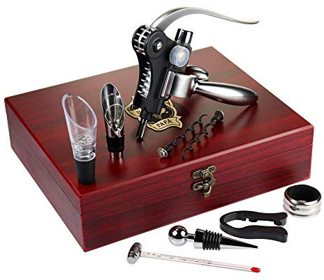 AMAVEL Set 10 Accessori per Vino da Sommelier, Confezione Design in Legno con Incisione per Il Miglior papà, Idea Regalo Originale Festa del papà, Kit Degustazione Professionale per Aperitivo