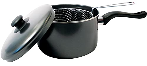 20 CM DEEP Fat Fryer Set 3PC Non-Stick Black Prima CHIP PAN Steel New Pot+ LID & Basket Home Kitchen Professional Food Cooking UK Free P&P