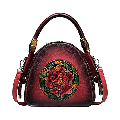 CrazycatZ Damen Lederhandtaschen Organizer Top Handle Satchel Vintage Prägung Tote Umhängetasche (Red)