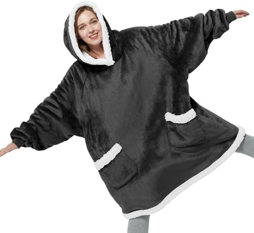 BEDSURE Hoodie Decke mit Ärmeln und Kapuze - Kuscheldecke mit Ärmeln Sherpa Kuschelpullover Damen als Geschenke für Frauen, Anthrazit, 110x90cm