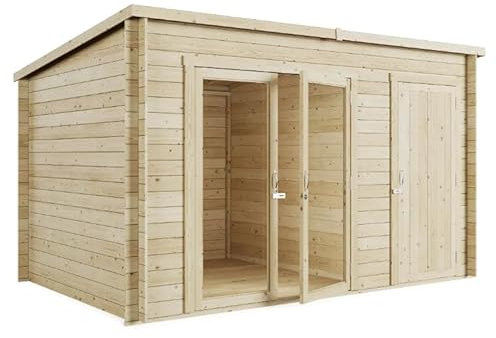 BillyOh Tianna 12x8 ft Log Cabin Summer House with Side Shed Store – Garden Room with Wide Double Doors, Storage Shed, Tongue and Groove Construction | Versatile Tiny Home for Garden Office or Storage