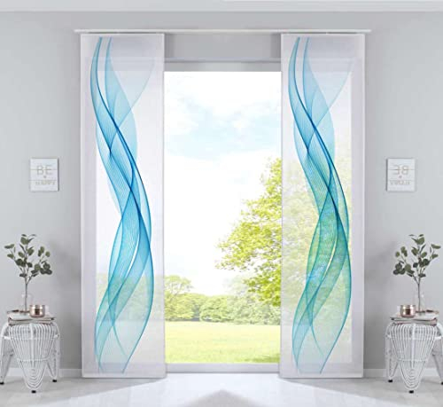 Gardinenbox 2er Set Schiebegardinen Flächenvorhänge »Izmir« HxB 245x60 cm Welle Blau Voile Halbtransparent Paneelwagen Beschwerungsstange, 2022400-2