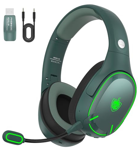 PHOINIKAS Casque Bluetooth, 2.4Ghz Casque Gaming sans Fil, Bluetooth pour Téléphone/Ordinateur Portable, Dongle 2.4Ghz pour PC/PS4/PS5/TV/Switch, Micro Antibruit, Batterie 30 H, Lumière LED