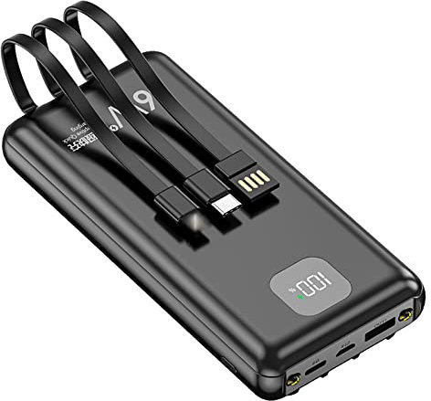 Batería Externa con Cable 20000mAh Carga Rápida Cargador de Power Bank Portátil con Luces 66W Gran Capacidad Banco de Energía Delgado para Teléfonos Inteligentes,Black,14.6 * 6.9cm