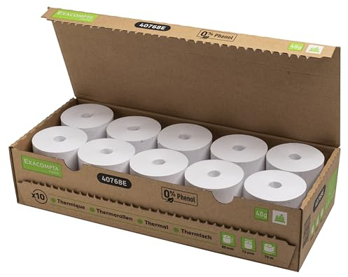 Exacompta - Ref 40768E – Box mit 10 Thermorollen für Quittungen – Breite 80 mm x Durchmesser 72 mm, 1 Thermoschicht 48 g/m² Phenolfrei, kein Plastikmüll – Meter +/-2 m: 76 m