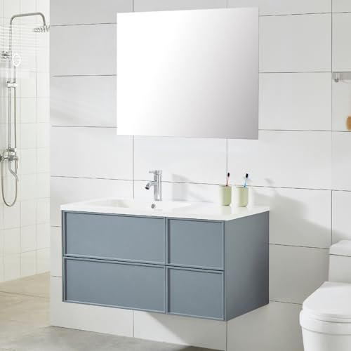 ZIK - Mobile Bagno con Lavabo e Specchio Moderno, Lavandino Bagno con Mobiletto in Legno e Ceramica, Mobile Sospeso con Finiture Eleganti e Cassetto e Vano Salvaspazio (Grigio)